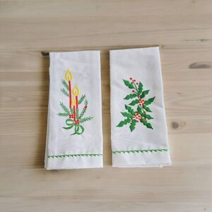 Hallie St. Mary Christmas Holiday Red Candles Holly & Berries Tea Towels Linen